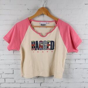 RAGGED JEANS PINK & IVORY CROPPED SHORT SLEEVE BASEBALL LOGO SHIRT SIZE MED